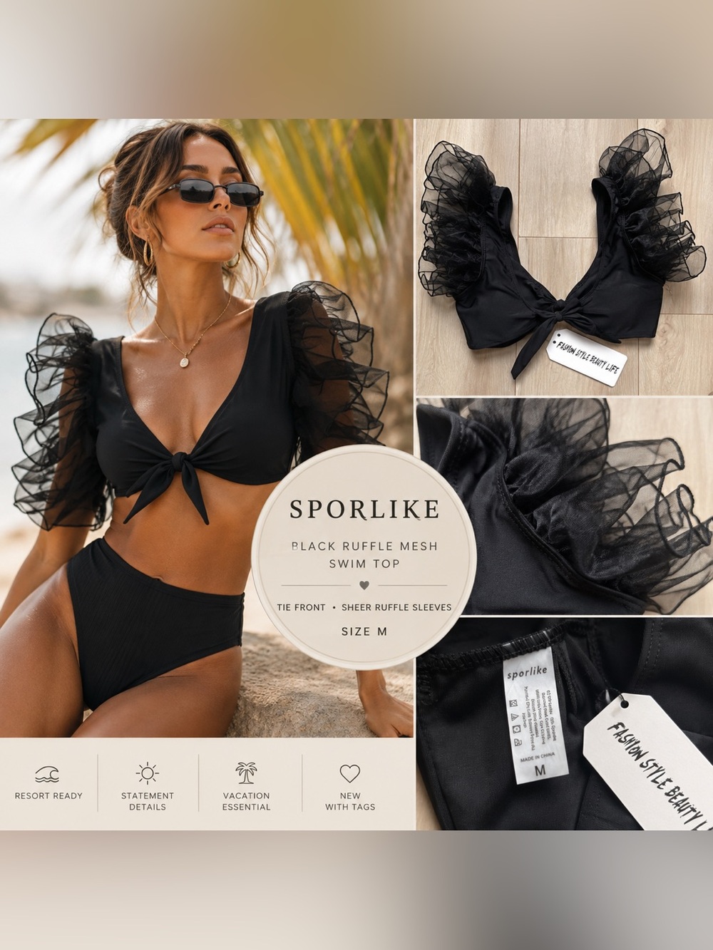 Black Ruffle Mesh Swim Top M | Sheer Puff Sleeve Bikini Top | Tie Front